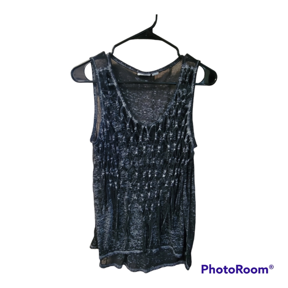 Cato black gray braided fringe sheer loose fit tank top Size medium